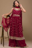 Chilly Red Sequins Embroidered Palazzo Suit in Georgette