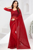 Chilly Red Stone Embroidered Net Light Weight Saree 