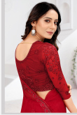 Chilly Red Stone Embroidered Net Light Weight Saree 