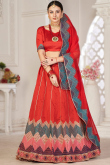 Chilly Red Taffeta Silk Embroidered Panelled Style Lehenga