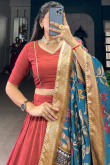 Chinnon Brick Red Lehenga with Woven Zari Work for Diwali 