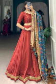 Chinnon Brick Red Lehenga with Woven Zari Work for Diwali 