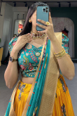 Chinnon Mustard Yellow Lehenga with Peinted Work for Haldi 