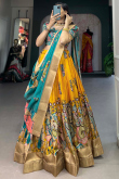 Chinnon Mustard Yellow Lehenga with Peinted Work for Haldi 