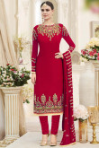 Resham Embroidered Faux Georgette Red Churidar Suit