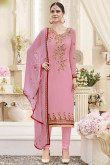 Resham Embroidered Faux Georgette Pink Churidar Suit
