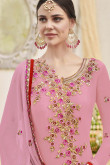 Resham Embroidered Faux Georgette Pink Churidar Suit