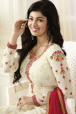 Off White Georgette Embroidered Churidar Suit