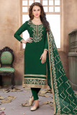 Resham Embroidered Silk Green Churidar Suit