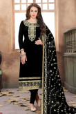 Resham Embroidered Silk Black Churidar Suit