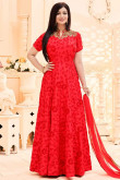 Bollywood Ayesha Takia Red Banarasi Silk Anarkali Churidar Suit With Dupatta