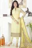 Stylish Georgette Churidar Suit With Printed Dupatta In Yellow Color