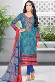 Blue Cotton Embroidered Straight Pant Suit