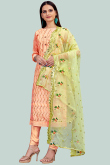 Coral Peach Chanderi Straight Cut Churidar Suit