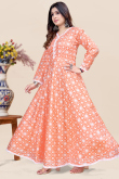 Coral Peach Cotton Anarkali Style Ready Made Printed Kurti