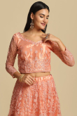 Coral Peach Embroidered Net Panelled Style Lehenga