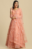 Coral Peach Embroidered Net Panelled Style Lehenga