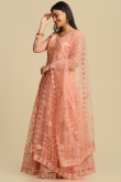 Coral Peach Embroidered Net Panelled Style Lehenga