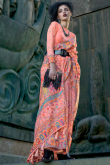 Coral Peach Thread Weaved Chanderi Silk Broad Border Saree 