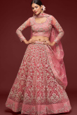Coral Pink A Line Wedding Wear Net Embroidered Lehenga 
