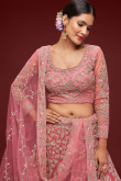 Coral Pink A Line Wedding Wear Net Embroidered Lehenga 