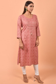 Coral Pink Casual Wear Sequins Embroidered Kurti in Cotton