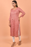 Coral Pink Casual Wear Sequins Embroidered Kurti in Cotton