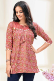 Coral Pink Cotton Printed Short Casual Wear Kurti 