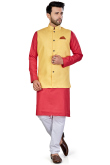 Coral Pink Linen Men Kurta With Churidar 