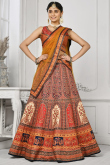 Coral Pink Printed Panelled Style Satin Silk Lehenga