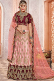 Coral Pink Zari and Stone Worked Silk Lehenga