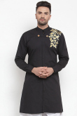 Men Kurta in Black Cotton for Wedding Wear with Resham embroidery