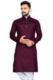 Cotton Burgundy Maroon Weaved Lurex Thread Straight Cut Men's Kurta 