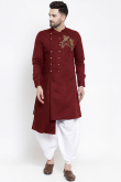 Cotton Deep Red Men's Embroidered Kurta with Dhoti Pants