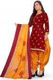 Cotton Deep Red Printed Patiala Suit