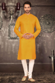 Mustard Yellow Plain Sangeet Men Kurta Pajama in Cotton