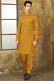 Straight Cut Men Kurta Pajama in Cotton Mustard Yellow for Party 