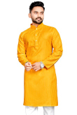 Cotton Mustard Yellow Weaved Lurex Thread Straight Cut Men's Kurta 