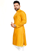 Cotton Mustard Yellow Weaved Lurex Thread Straight Cut Men's Kurta 