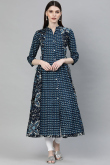 Cotton Navy Blue Printed A-Line Kurti