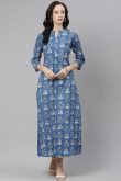 Cotton Pastel Dark Blue Printed Casual Wear Kurti