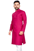 Cotton Rani Pink Weaved Lurex Thread Straight Cut Men's Kurta 