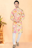 Cotton Rayon Cream Beige Printed Men’s Kurta Churidar