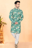 Cotton Rayon Teal Green Bandhej Printed Men’s Kurta Churidar