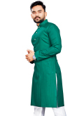 Cotton Sea Green Weaved Lurex Thread Straight Cut Men's Kurta 