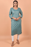 Cotton Teal Blue Kurti With Print 