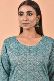 Cotton Teal Blue Kurti With Print 