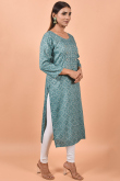 Cotton Teal Blue Kurti With Print 
