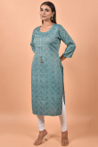 Cotton Teal Blue Kurti With Print 