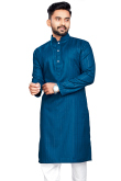 Cotton Teal Blue Weaved Lurex Thread Straight Cut Men's Kurta 